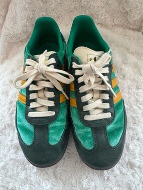 Women’s Adidas Sambas  Green Velvet Sneakers with Yellow Stripes